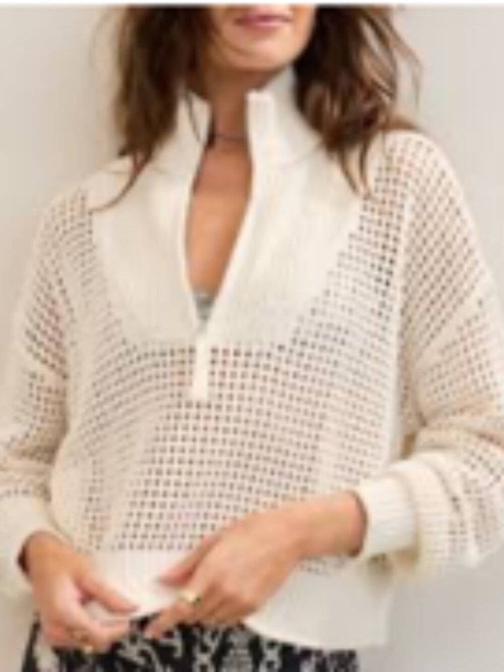 Madison Cream Crochet Quarter Zip Top Coastal Beach Coverup Size Small